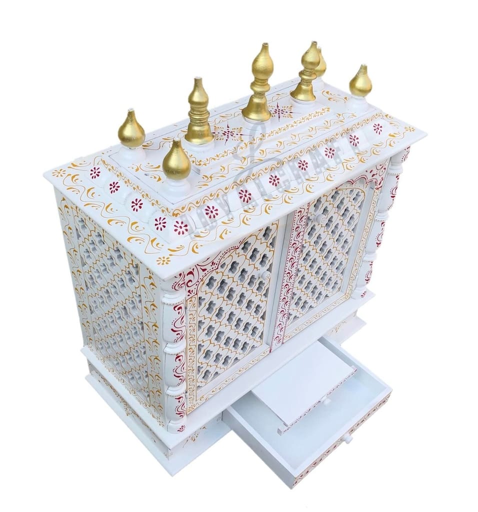 Mahaveer Art and Crafts - Hand-Painted Wooden Home Temple/Pooja mandir with Doors and Side LED Lights (Color White & Red Big Size) Large Size- 24x12x30 Inch view 2