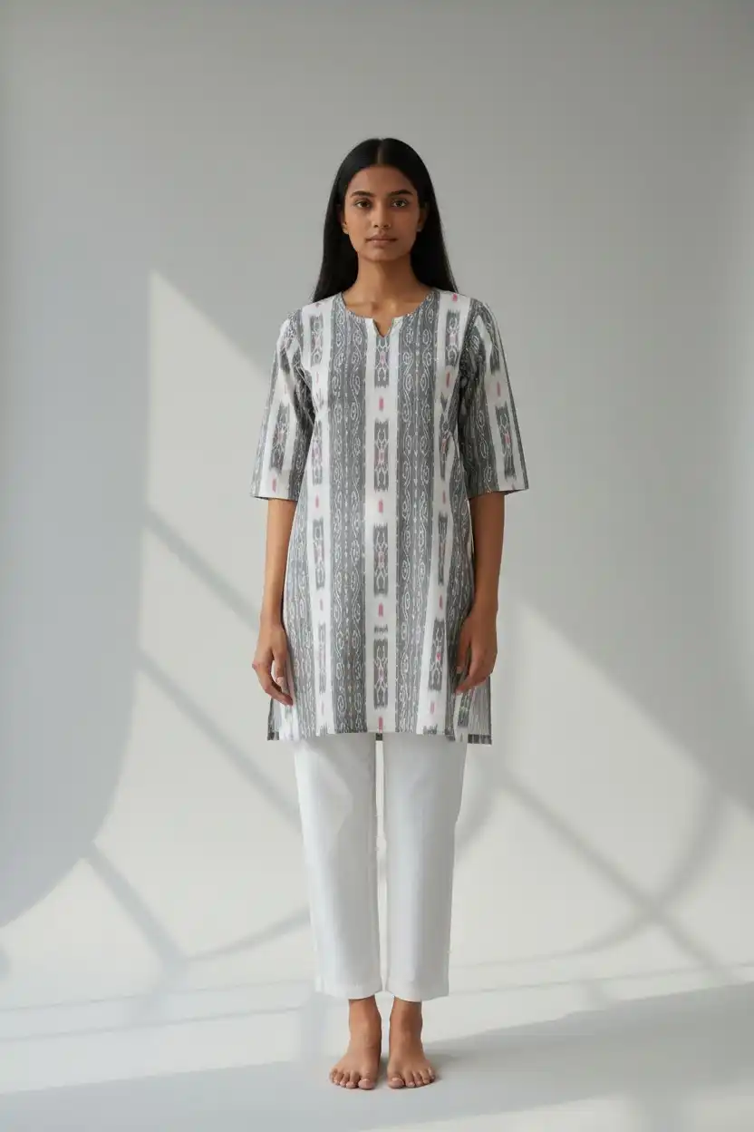 Handwoven Sambalpuri Cotton Kurti in Grey and White Bandhakala Ikat