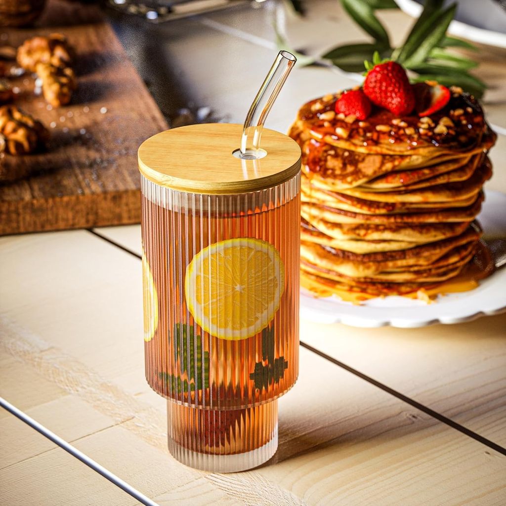 Ribbed Drinking Glasses Tumbler Set of 1 with Bamboo Lids and Straws, Clear Fluted Textured Vertical Stripe Glass Sipper Iced Coffee Cups for Beer, Cocktail, Beverage view 2
