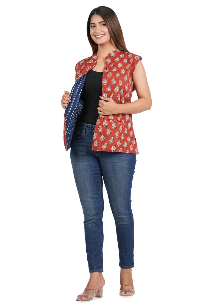 Tribes India Bagru Hand Block Printed Jacket - Red view 2