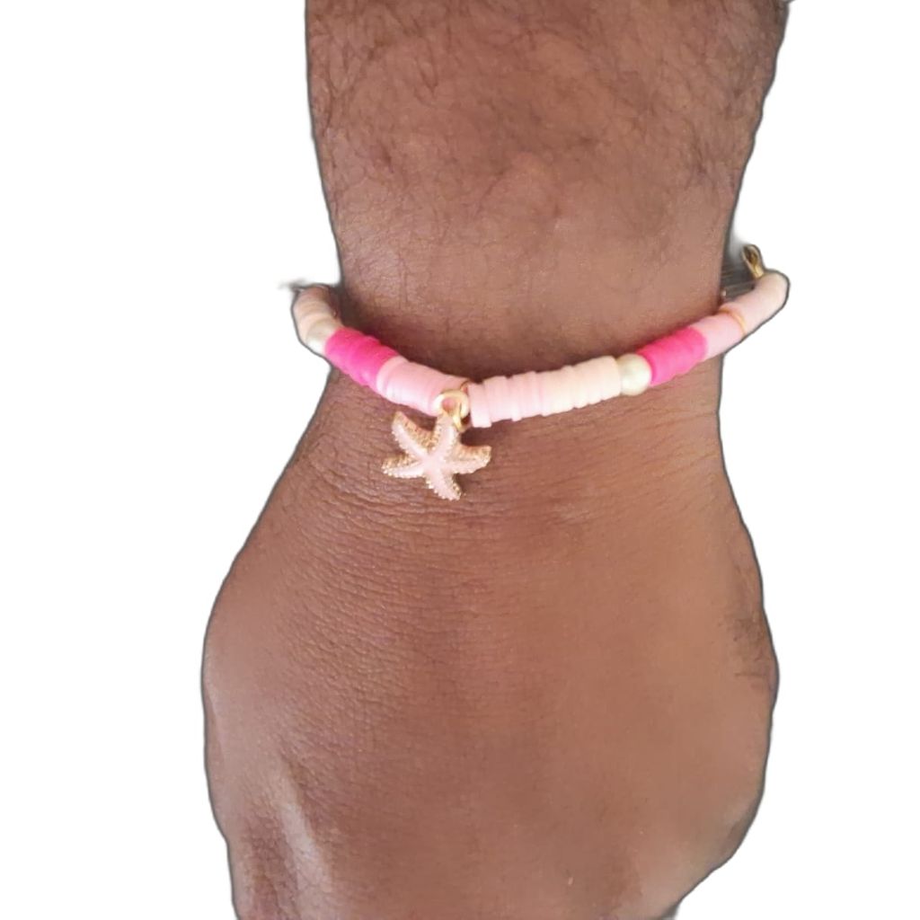Pink and White Beaded Bracelet with Gold Star Charm view 2