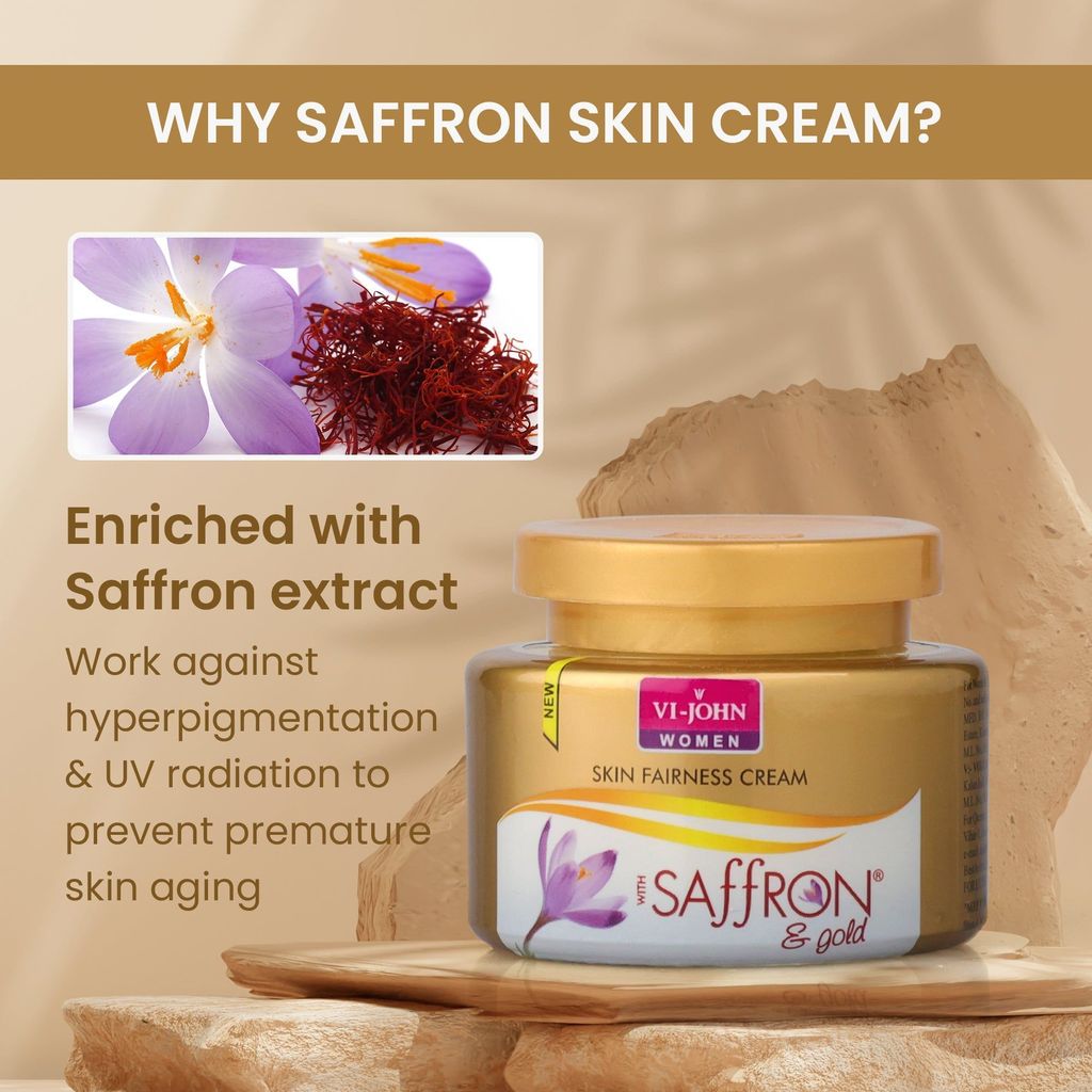 VI-JOHN Women Gold Saffron Fairness Cream For Uneven Skin Tone & Rejuvenate Skin | Chemical Free Face Cream For Radiant Glow And Dark Spots (All Type Skin) 50GM (Pack Of 5) view 2