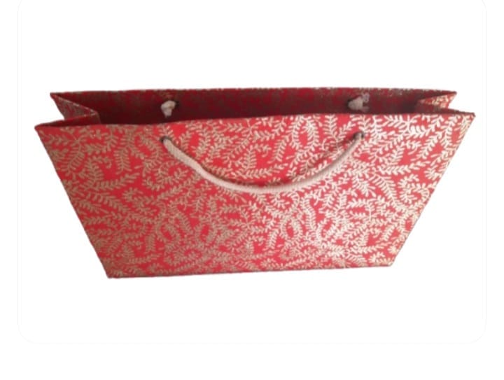 Red and White Damask Paper Gift Bag with Cotton Rope Handles view 2