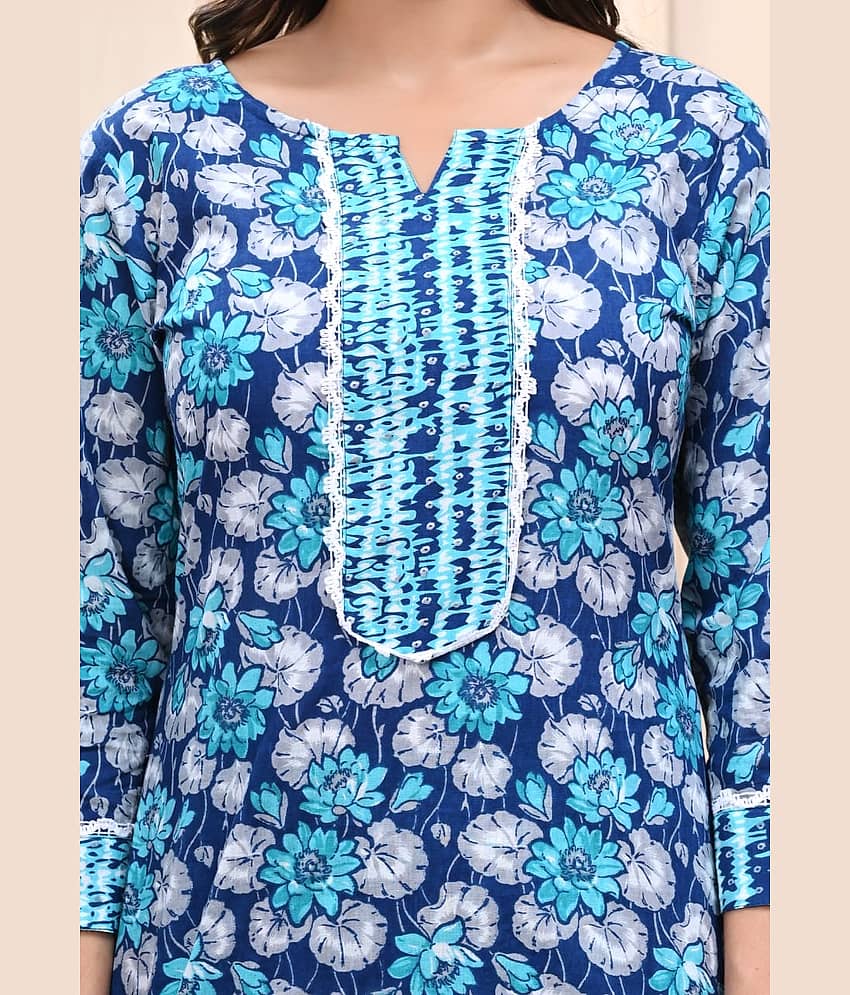 Shivaradhya designers Women Cotton Printed Straight Kurti With Pants ( Blue ) view 2