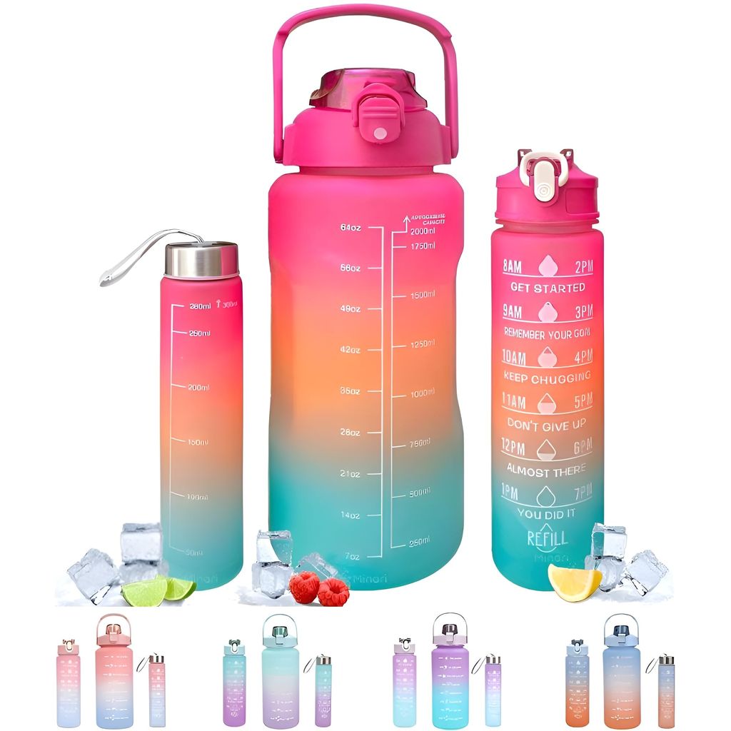 AVENZO Silicone Set Of-3, 2 Liter, 900Ml, 300Ml Bpa-Free Motivational Sipper Water Bottle Adult, Time Marker & Mobile Holder For Online Classes, Office (Pack Of -3 Pcs Combo) (Multi Shades Color)