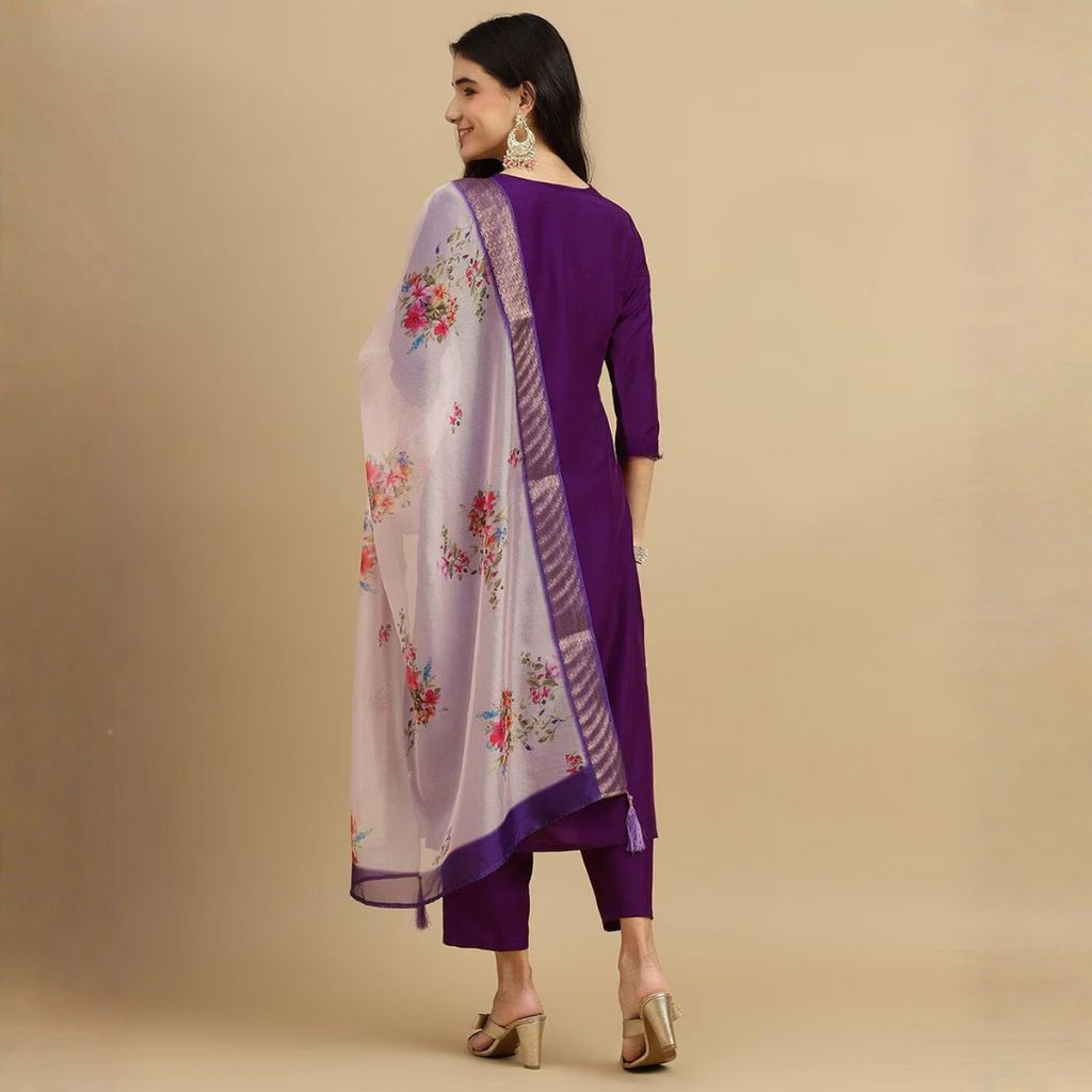 AURELIA Women's Purple Embroidered Kurta Trouser Dupatta Set view 2