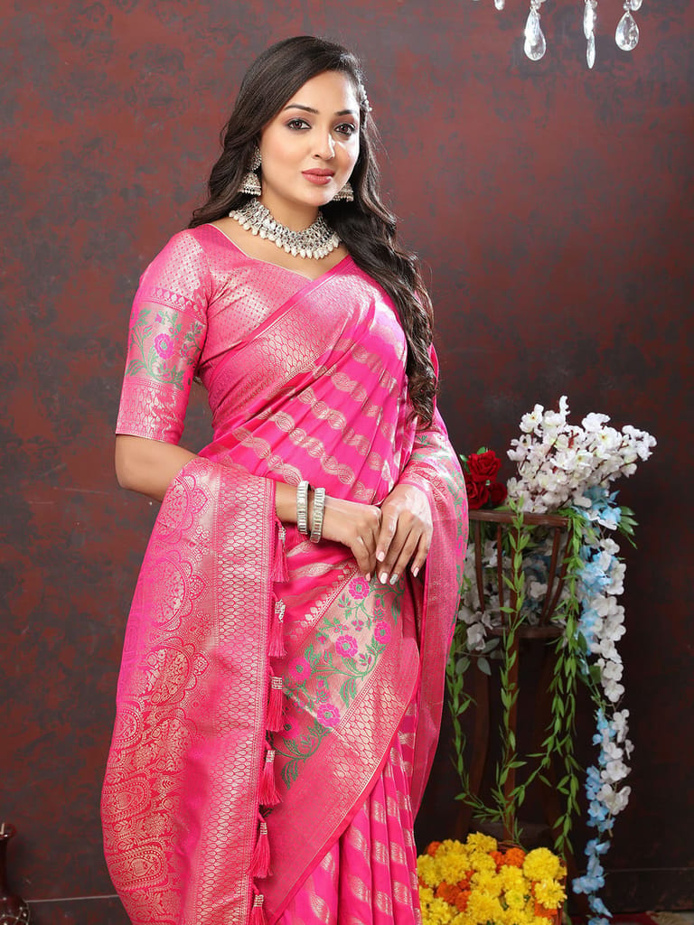 Pink Soft Silk Woven Design with Zari Weaving Leheriya Design Saree view 2