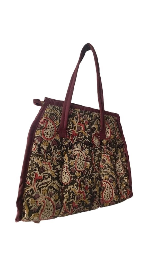 KALANKARI Handcrafted Quilted Cotton Tote Bag with Paisley Print and Maroon Trim view 2