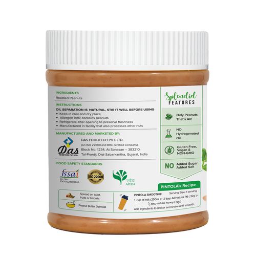 Pintola All Natural Peanut Butter - Unsweetened, Creamy, 350 gm view 2