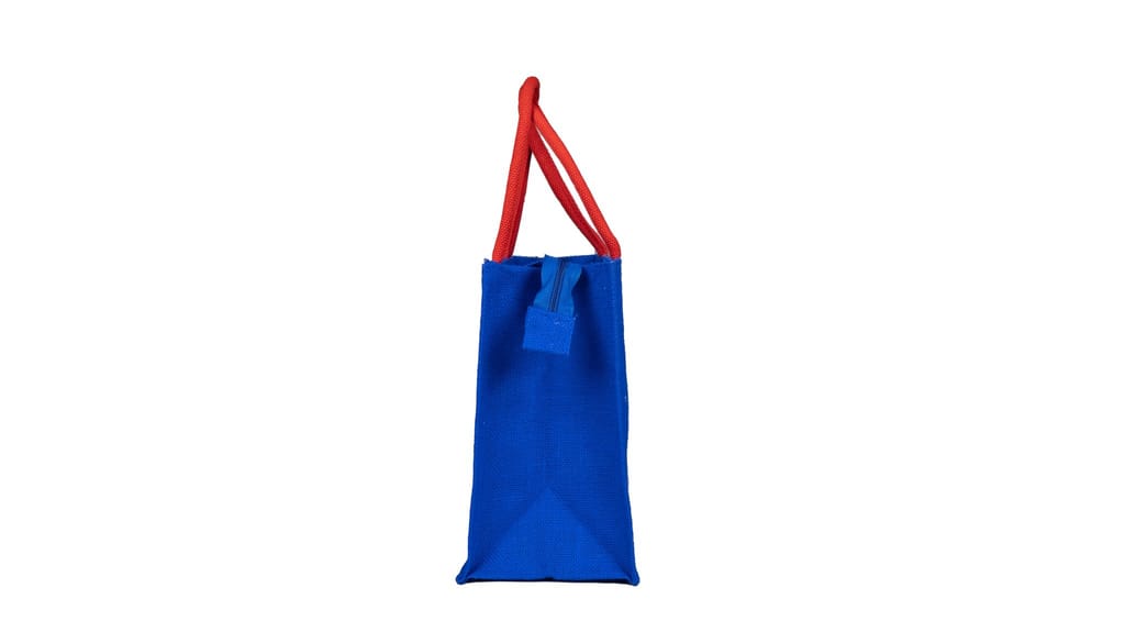 Blue Jute Tote Bag with Red Handles and White Applique Desig view 2