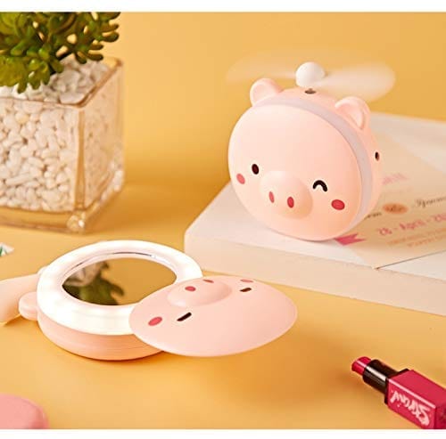 3 in 1 Cute Pink Pig Animal Fast and Convenient USB Charging LED Fill Light Makeup Portable Mirror with Fan view 2