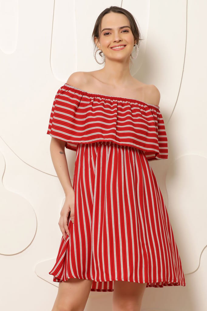 Women Red & White Striped Off-Shoulder A-Line Dress view 2