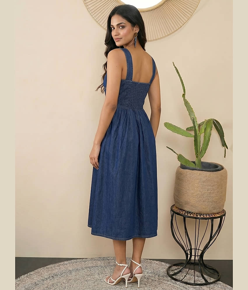 Addyvero Women Denim Solid Fit & Flare Dress ( Dark Blue ) view 2