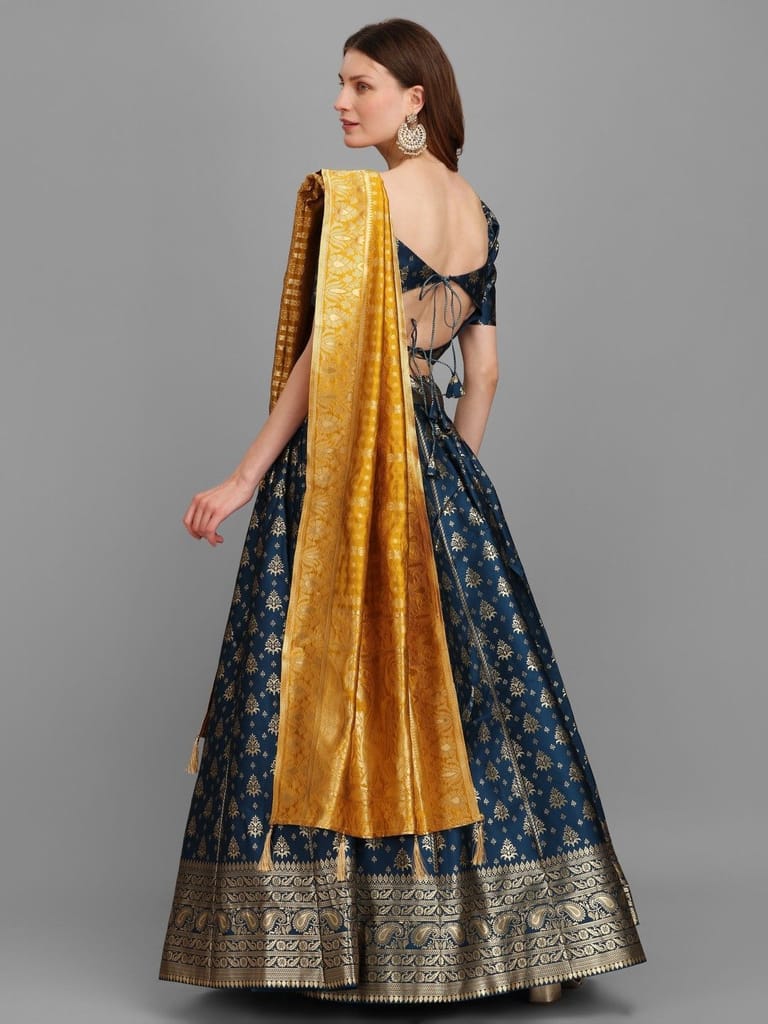 Rama Brocade Fabric Lehenga & Unstitched Blouse With Dupatta view 2