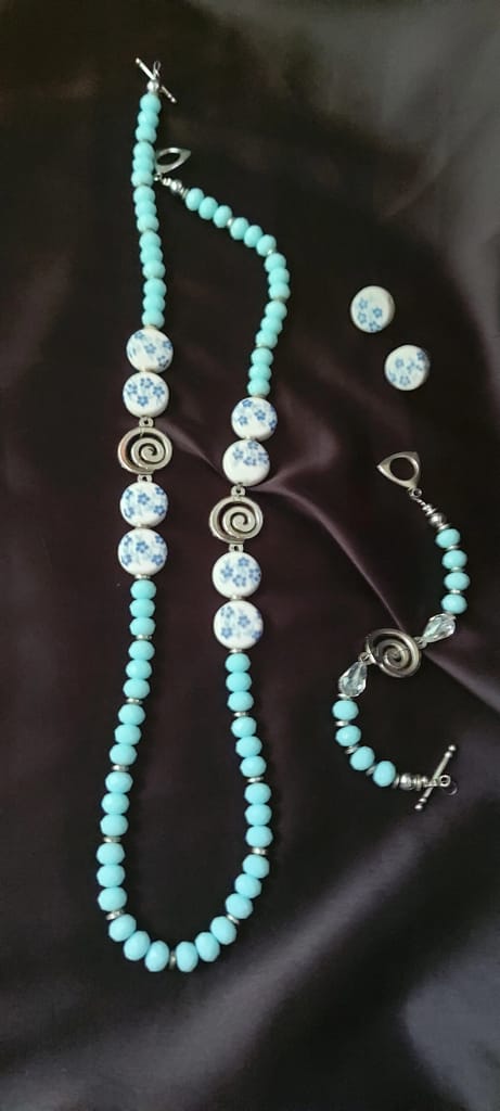 Blue Beaded Necklace and Earring Set with Silver Accents