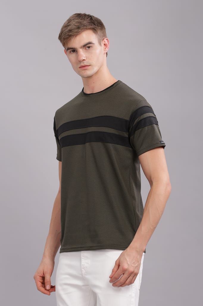 Men Striped Round Neck Polyester Grey T-Shirt view 2