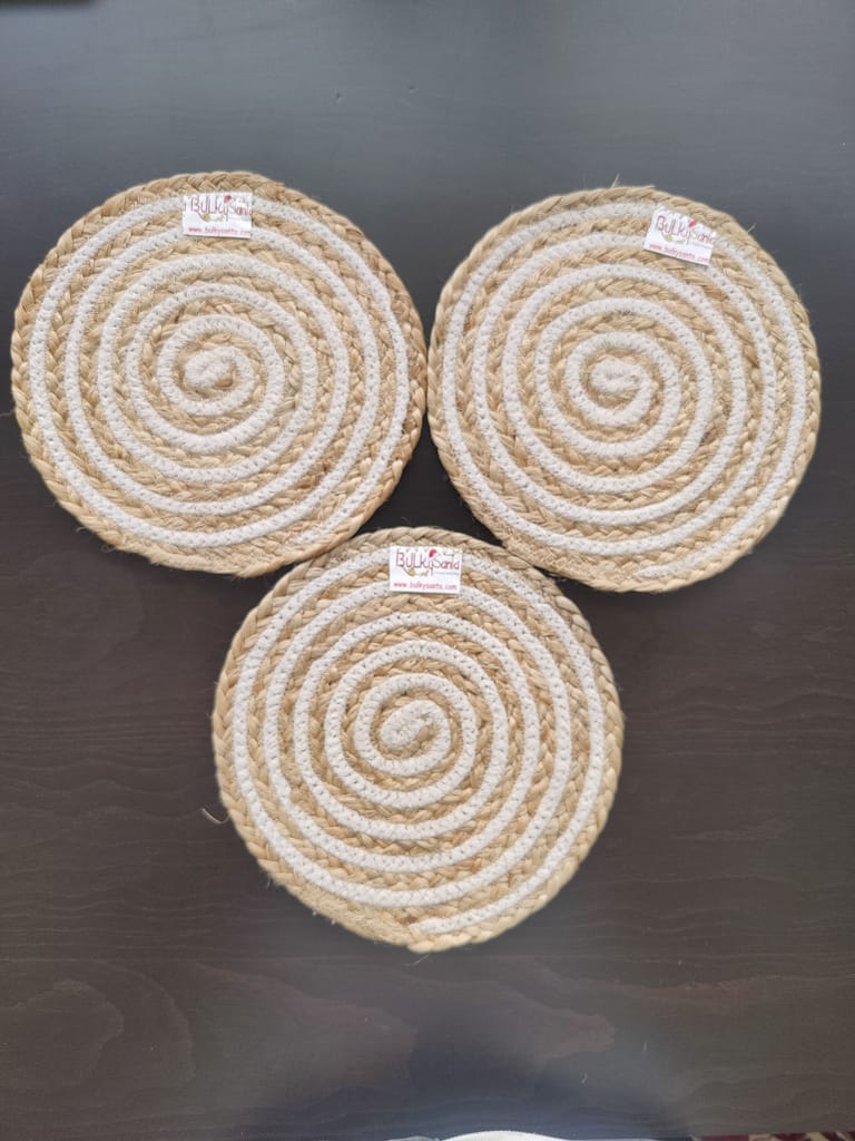 Round table mats cotton placemats (pack of 3) | Hotpads / trivets 9", Heat Resistant, Reversible Use (Cotton-Jute) by Bulky Santa view 2