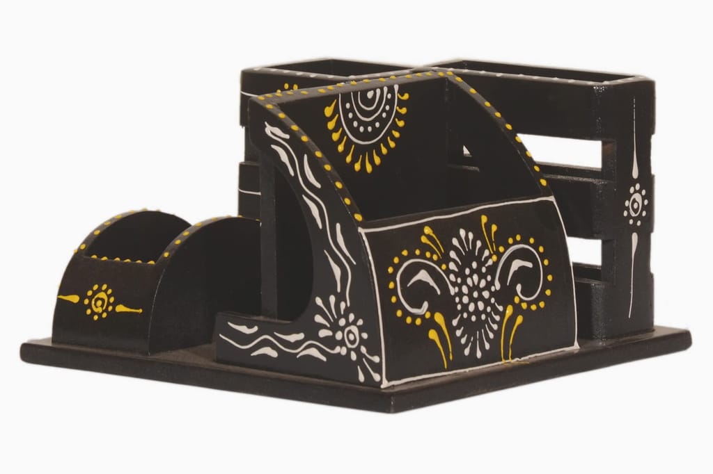 Kusum Art wooden hand painted Pen And Card Box to decor your table and living room store pen mobile phone visiting card (6x6x4, Black) view 2