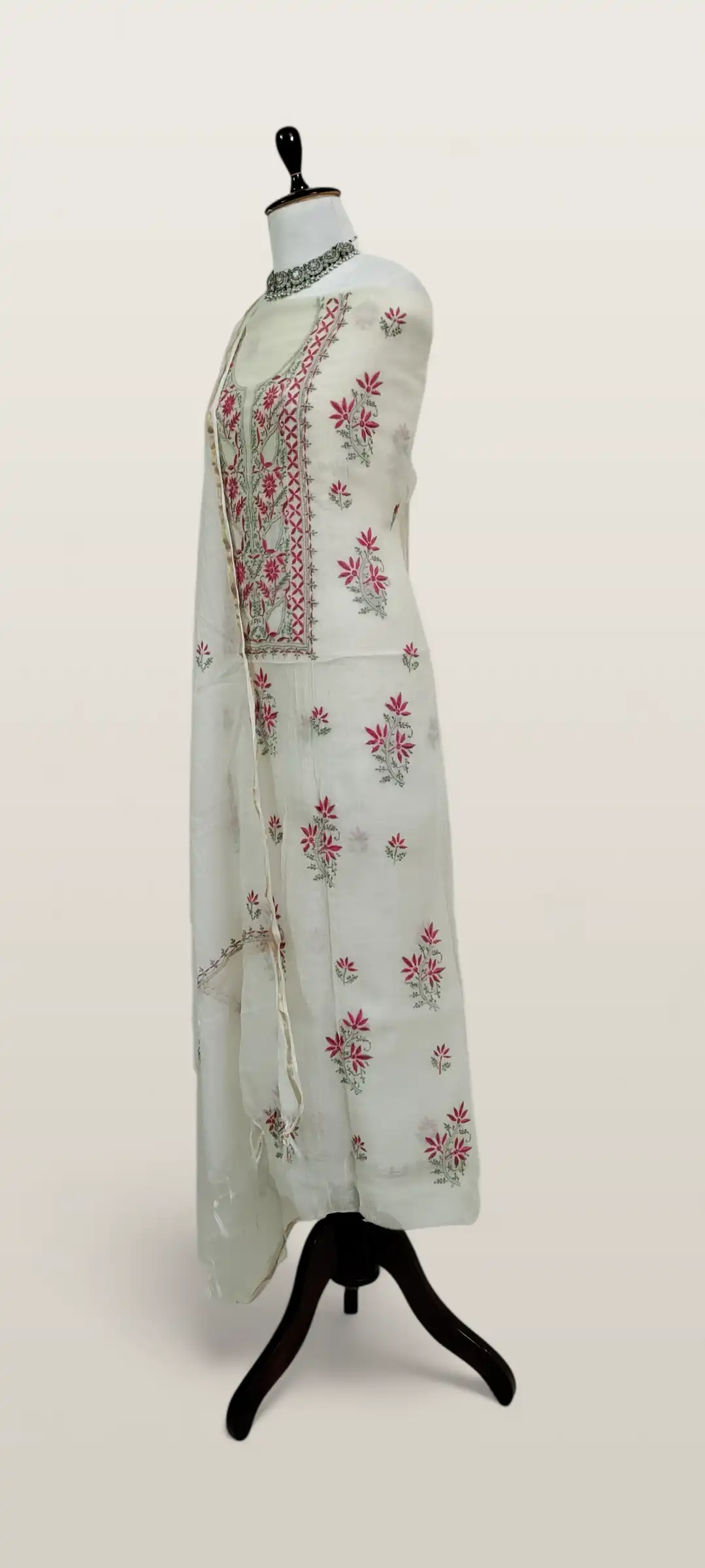 Chikankari Mul Chanderi Dress Material Crimson Red Floral view 2