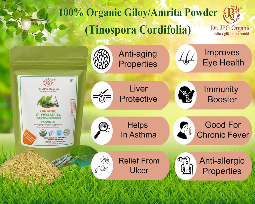 Dr. JPG Organic herbals Giloy Powder/Guduchi Powder/Gulvel Steam Powder/Tinospora Cordifolons 228g |INDIA ORGANIC Certified / 114g Pack Of 2 view 2