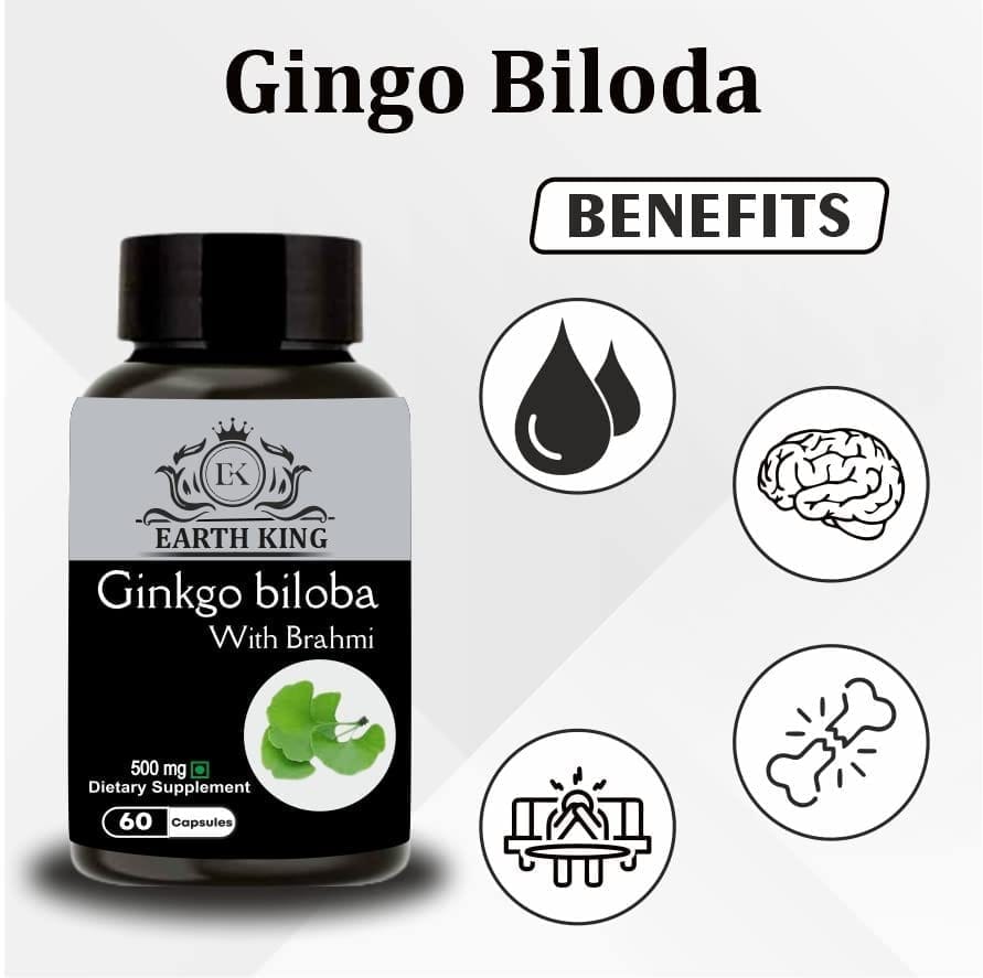 EARTH KING Ginkgo Biloba Capsule with Bramhi Extract Supports Memory & Focus for Men & Women - 500mg 60 Capsules view 2