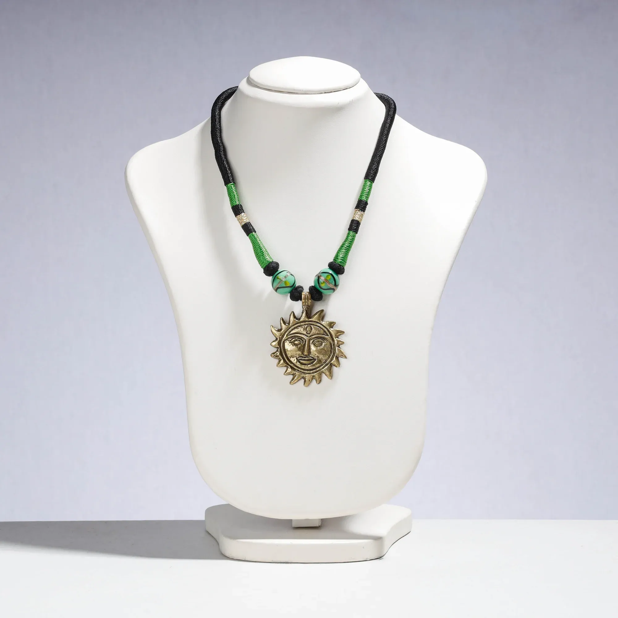 Green Patwa Thread & Brass Pendant Necklace view 2