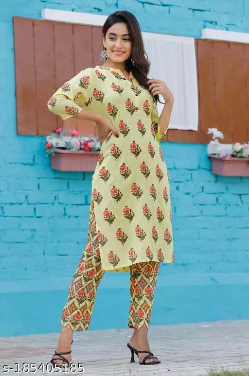 Women Beautifull Yellow & Pink Rayon Kurta Pant Set view 2