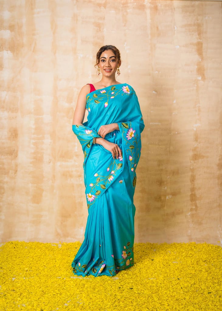 Iris Blue & Pink Kamal Pattachitra Pure Silk Saree view 2
