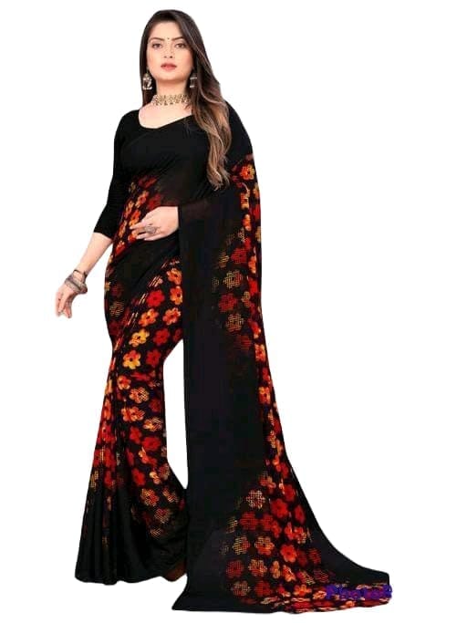 KHUSHBOO DESIGNERS Women's Solid Georgette 5.5 Meter Saree with Unstitched Blouse Piece Festive||Party [Black] view 2