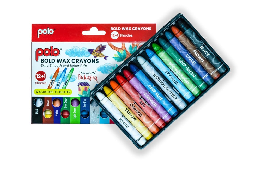 polo Bold Wax Crayons Set - 12+1 Shades with Glitter, Extra Smooth & Non-Toxic for Kids and Adults, Perfect for Drawing, Coloring, and Creative Art Projects - Durable, Easy Grip Crayons view 2