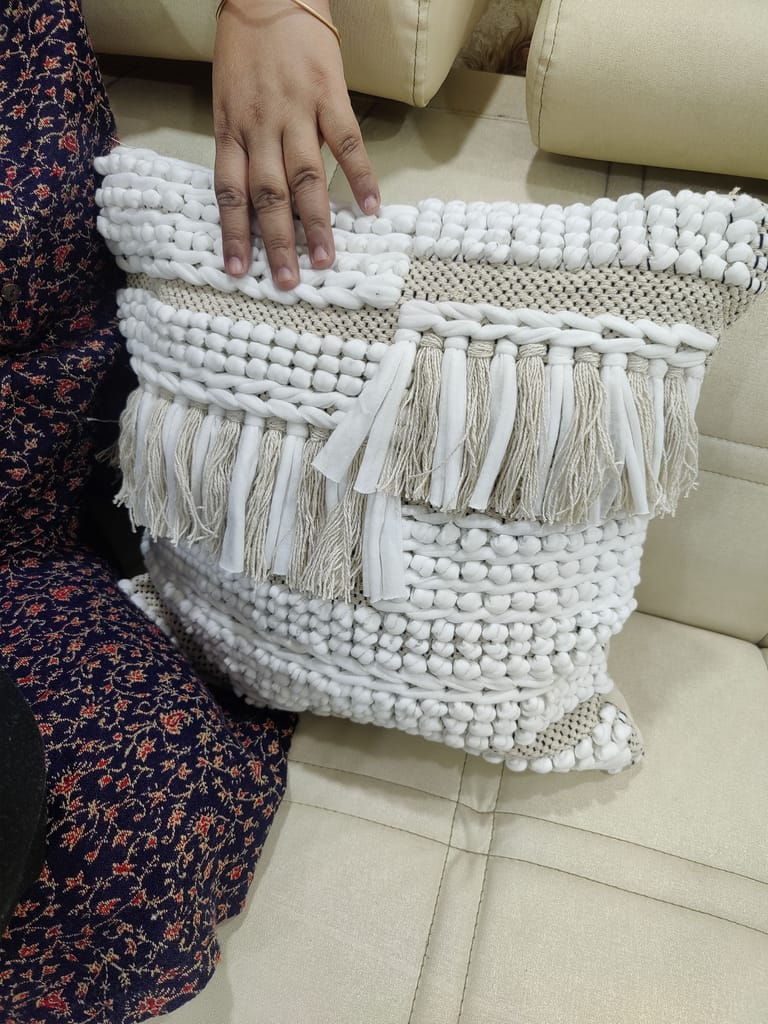 BulkySanta handtufted Cotton Cushion Covers for Sofa, 16 in x 16 in (2, Heavy Knotted (White Grey)) view 2