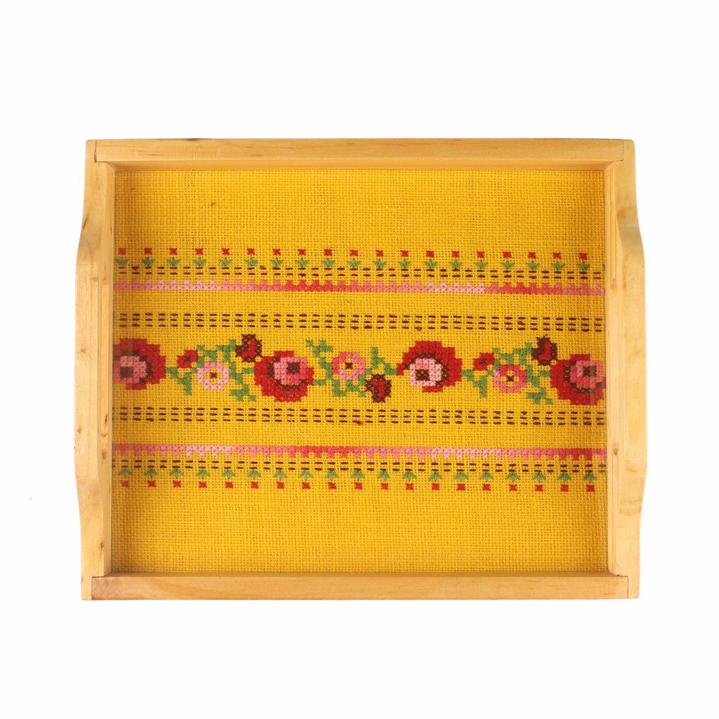 Tribes India Handmade Yellow Jute Wooden Tray view 2