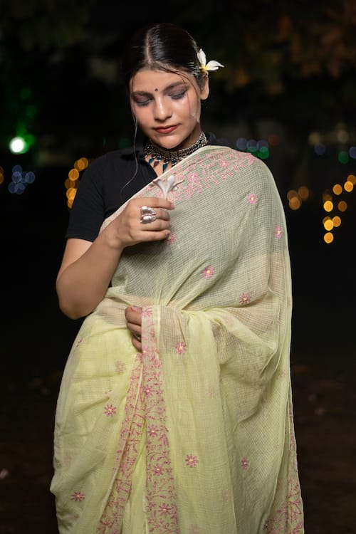 Shwet Yellow Chikankari Kota Cotton Saree