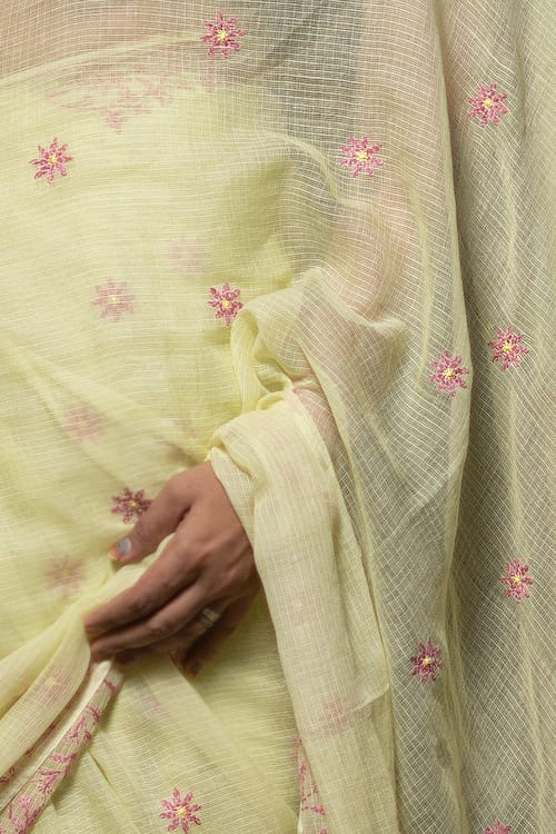 Shwet Yellow Chikankari Kota Cotton Saree view 2