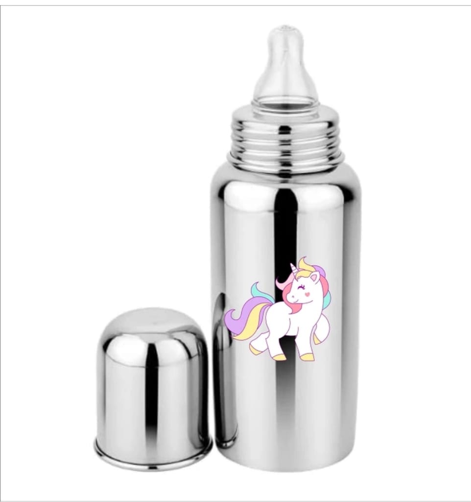 304 Stainless Steel Baby Feeding Bottle – Unicorn Print – 250 ml – Anti-Colic Silicone Nipple view 2