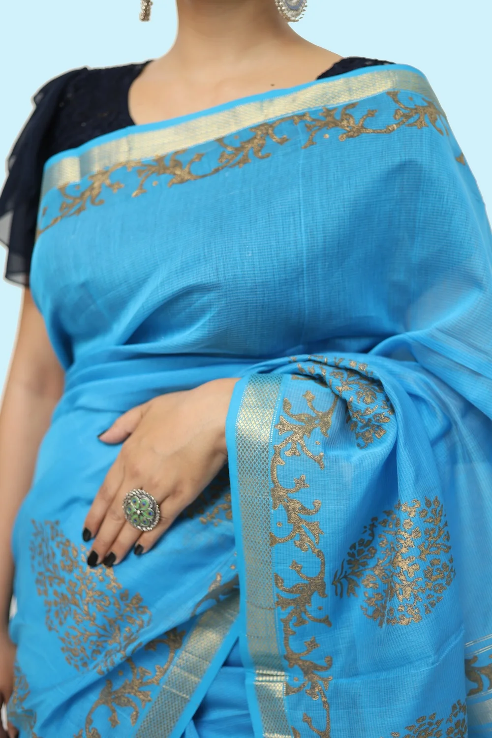 Magical Blue Value Added handblock Saree with Tassels view 2