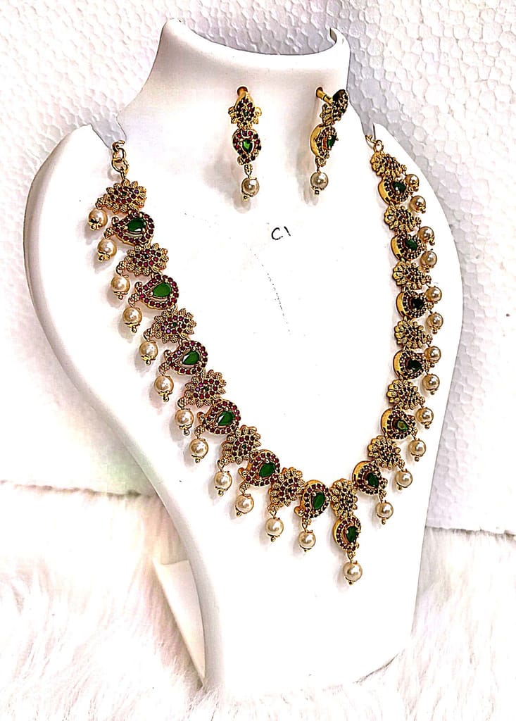 Gold-plated green and maroon Kempu Stone Necklace Set with Pearls view 2