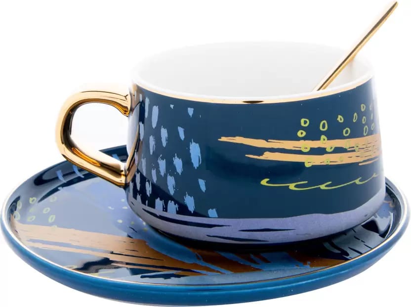 Blue Ceramic Made Cup, Spoon & Saucer with Gold Coated Stirrer, Premium Festive Gifting Set With Long Tail Stirrer/Spoon for Quick Tea Infusion view 2
