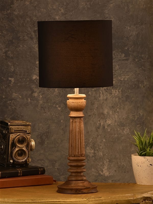 Green Girgit Pillar Brown Lamp With Black Cotton Shade view 2