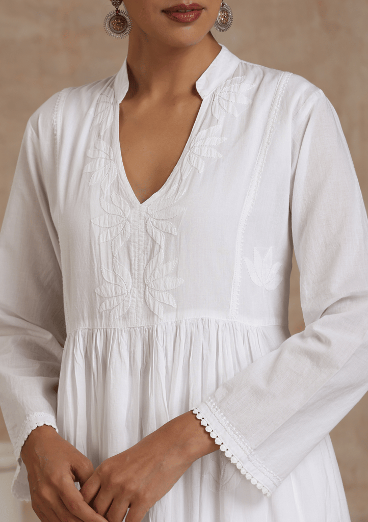 Cotton Chikankari Solid Women's Long Kurta - White view 2