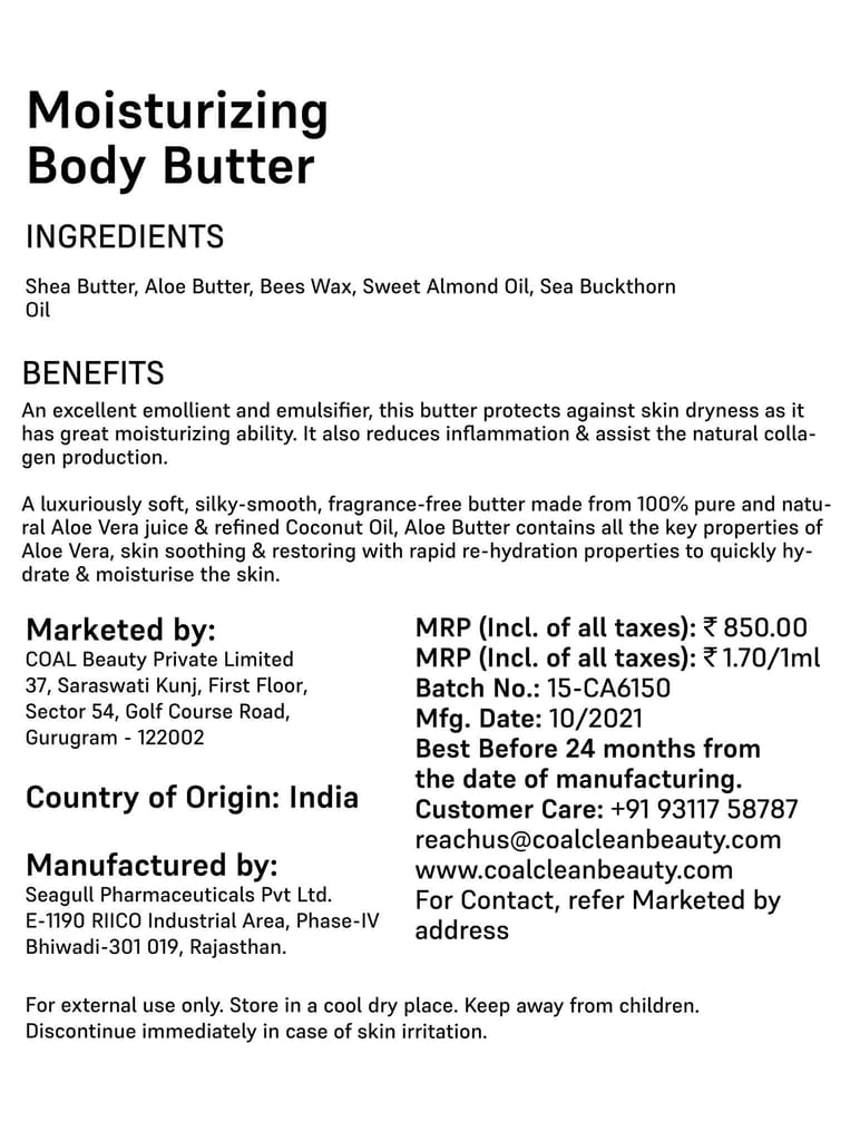 COAL Clean Beauty Moisturizing Body Butter with Sweet Almond Oil & Shea Butter | Moisturizes & Hydrates Dry Skin | Men & Women | All Skin Types | 500ml view 2