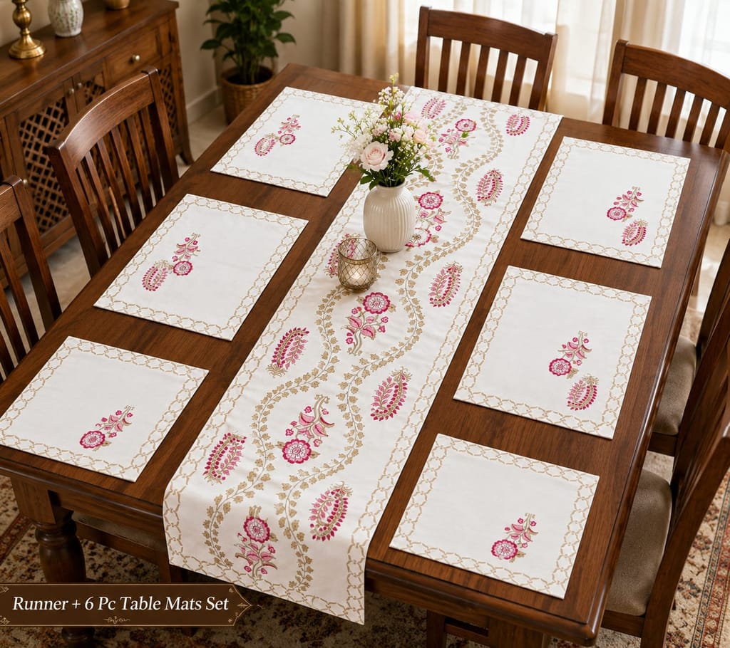 Assorted Floral & Tree Print Cotton Table Runner and 6 Mats Set (7 Pcs) view 2