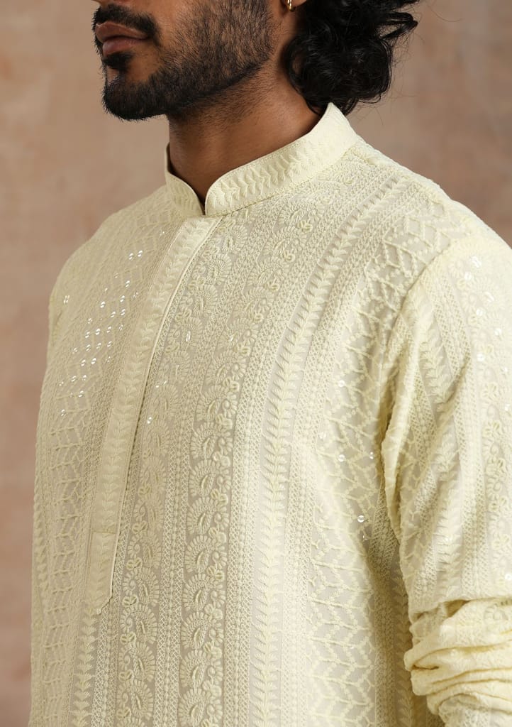 Rayon Schiffli Solid Men's Long Kurta- Cream view 2