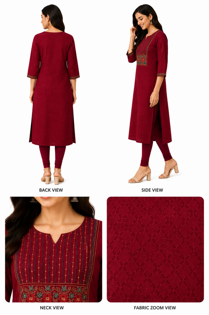 Maroon Embroidered Kurti (Top Only) view 2