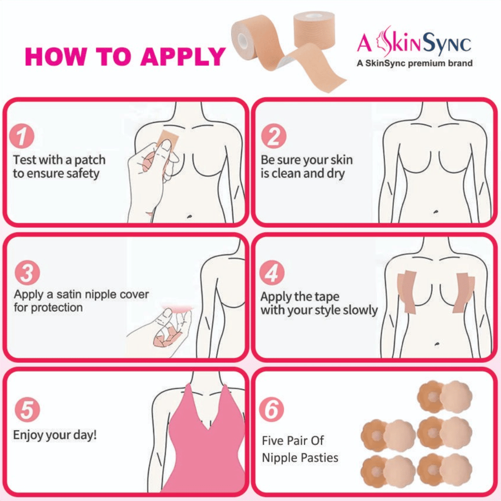 A SkinSync Boob Tape Kit - Instant Boob Tape with 10 Nipple Pasties for Fashion with 36 Strips Double Sided Tape for Clothes &1 Pair Reusable Silicon Nipple Cover for Women (Beige) view 2