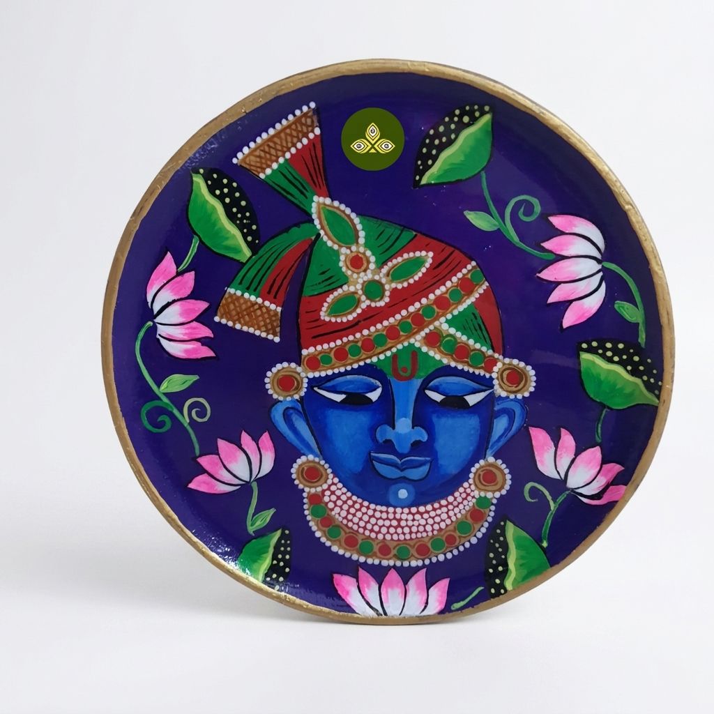 Hand Painted Wooden Shreenathji Mukharvind Pichwai Art Blue Color Wall Plate With Resin Layer view 2
