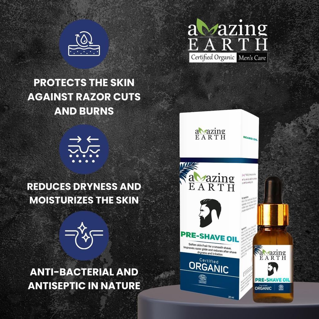 AMAzing EARTH Certified Organic Pre-Shave Oil - with Olive, Argan & Apricot Oil, Soft Stubble, Moisturizing, Silicone & Minerals Free, Sulphates & Parabens Free, Vegan & Cruelty Free - 30ml view 2