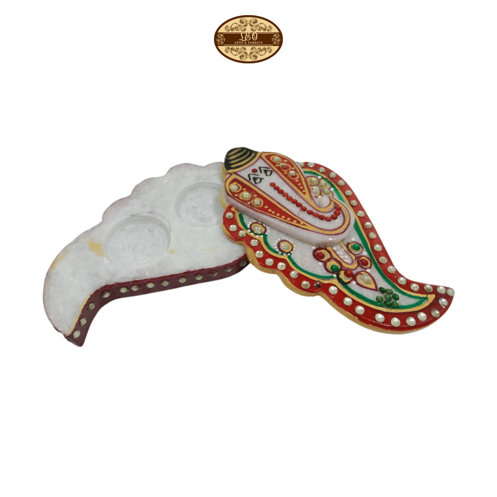 Handmade Marble Meenakari Chopda Ganapati Figurine, 13cm x 8cm x 3cm view 2