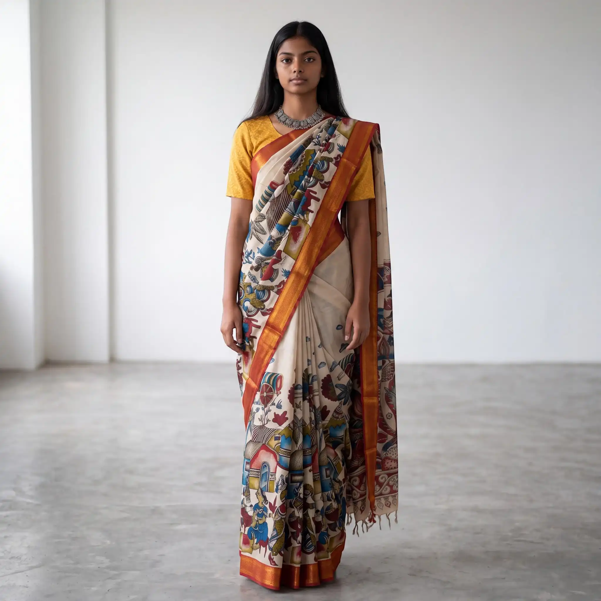 Cream Floral Pedana Kalamkari Semi Pattu Saree with Blouse