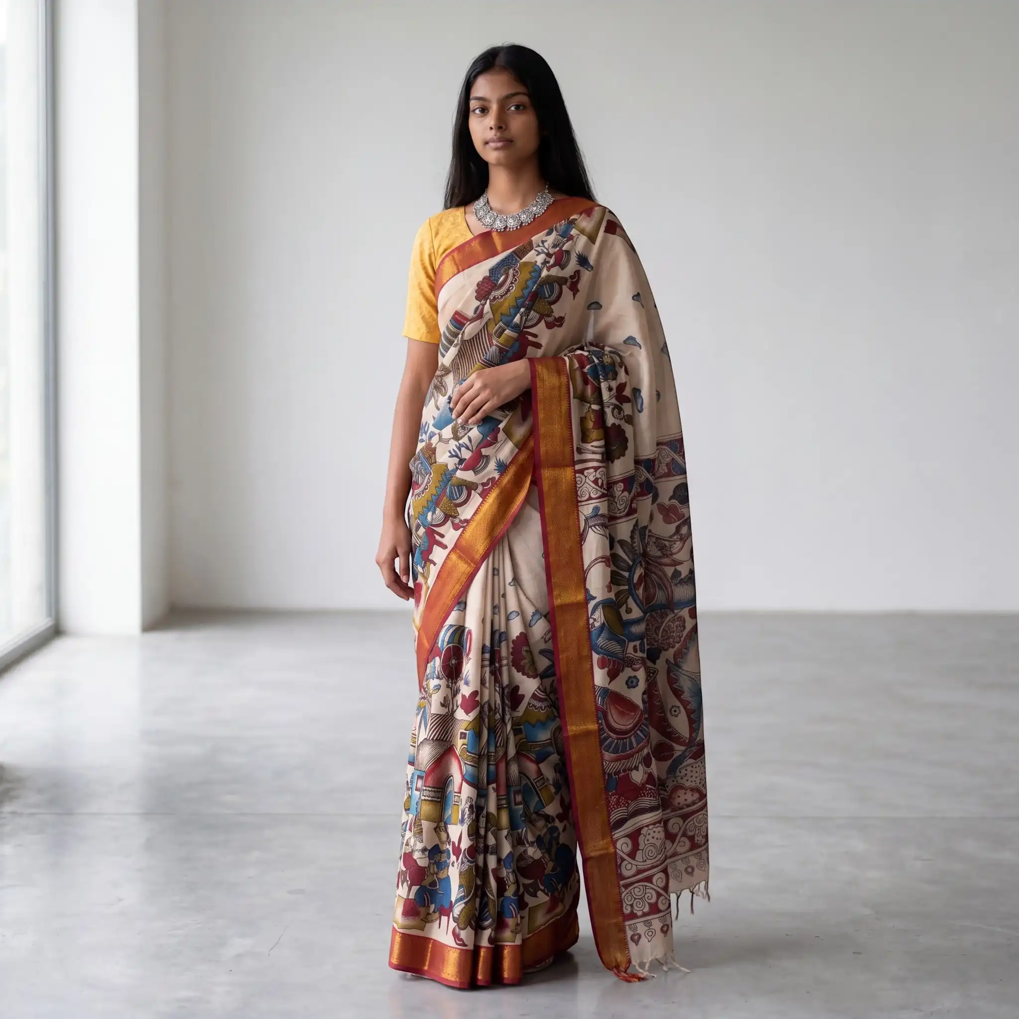 Cream Floral Pedana Kalamkari Semi Pattu Saree with Blouse view 2
